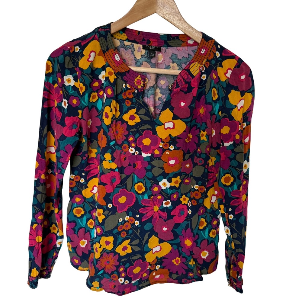 Talbots Blouse Women Petite P Multi Floral Excellent Rayon Embroidered Boho Top